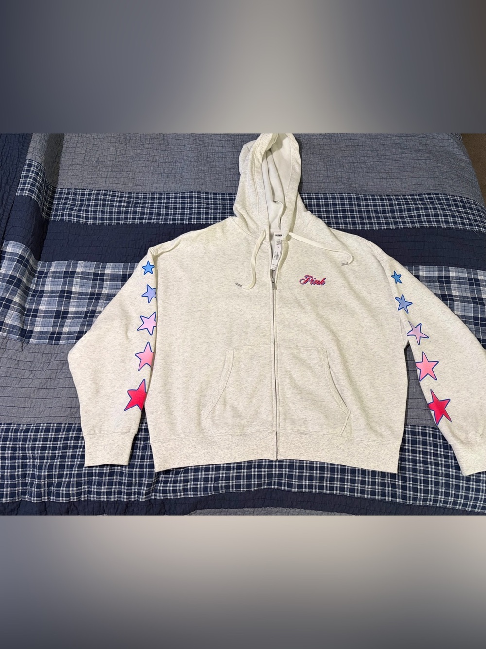PINK Victoria's Secret Cream Zip Hoodie with Colorful Star Sleeves